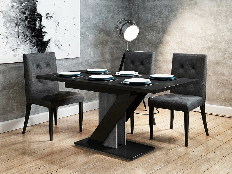 Mesa Goodyear 105, Negro brillante|Hormigón, 76x80x120cm, Alargamiento