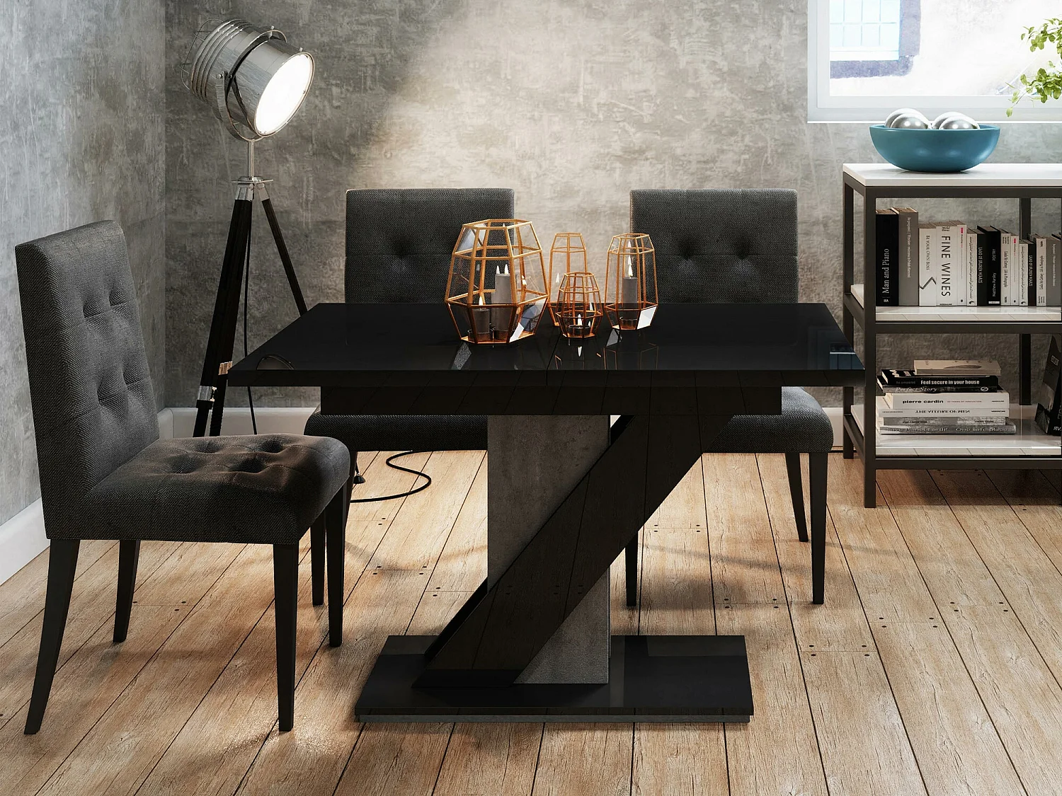 Mesa Goodyear 105, Negro brillante|Hormigón, 76x80x120cm, Alargamiento