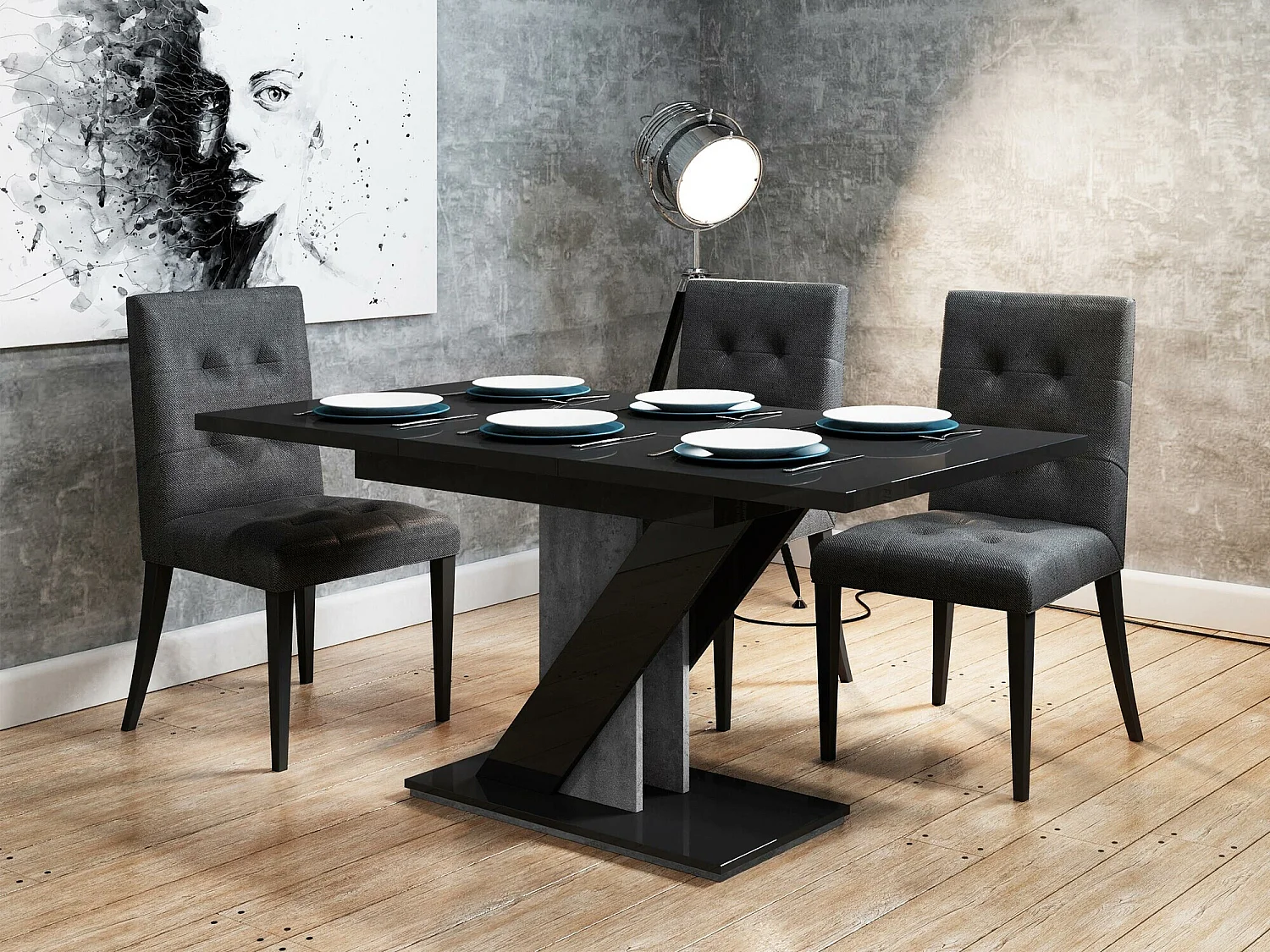 Table Goodyear 105, Béton|Noir brillant, 76x80x120cm, Allongement, Stratifié