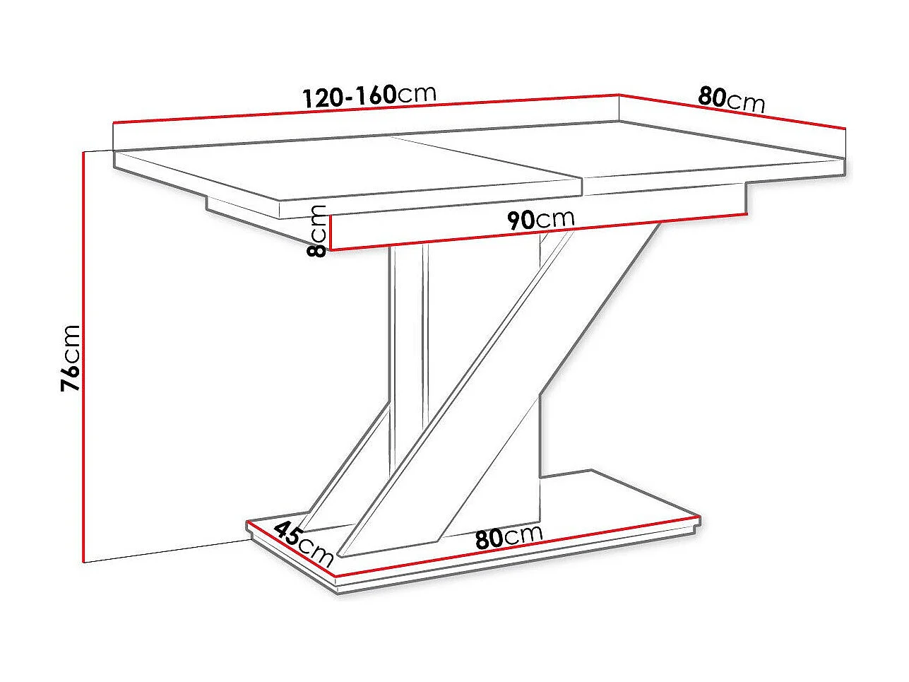 Table Goodyear 105, Béton|Noir brillant, 76x80x120cm, Allongement, Stratifié
