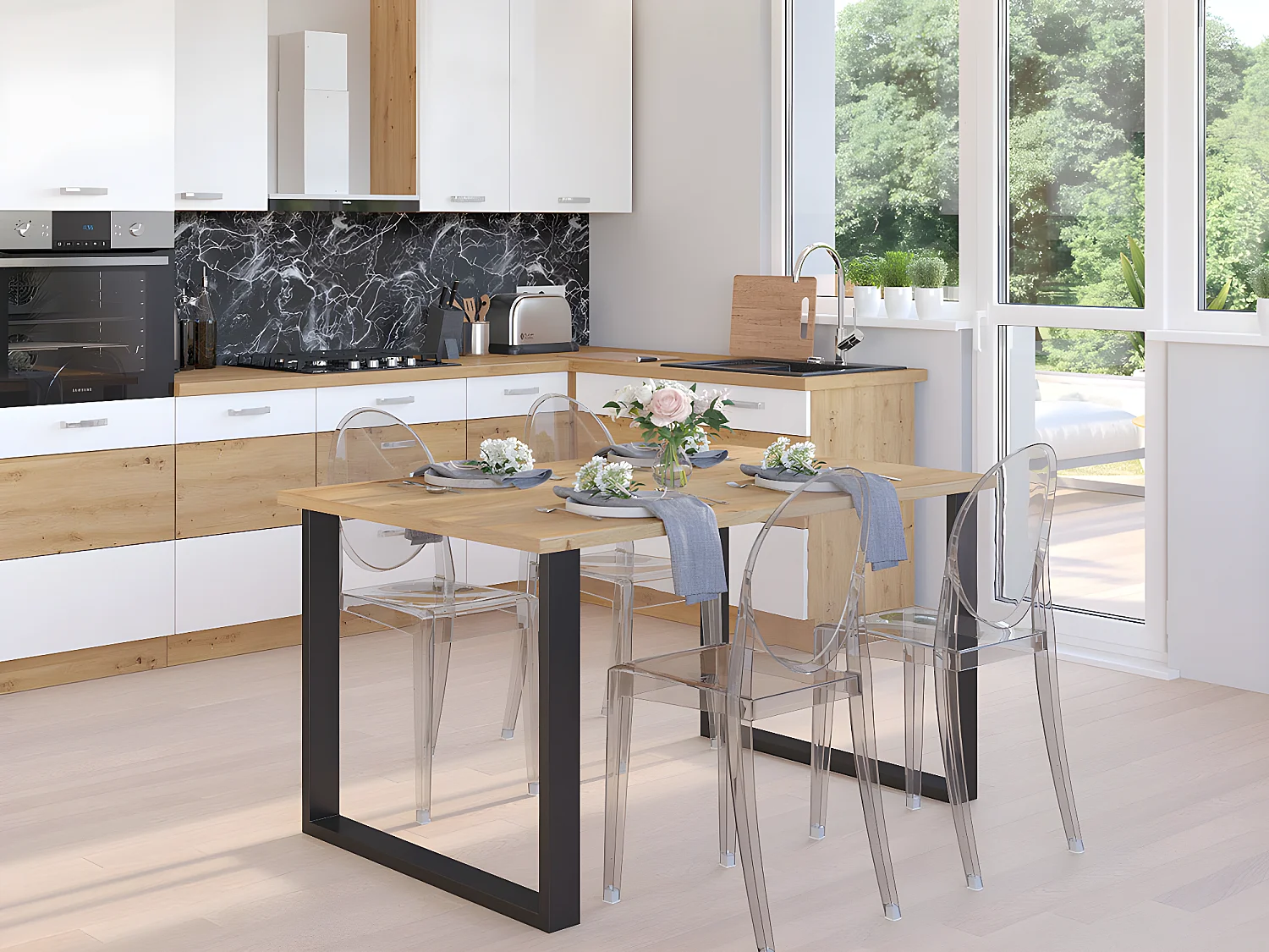 Mesa Tucson 136, Negro|Roble Artisan, 75x67x138cm, Aglomerado laminado, Metal