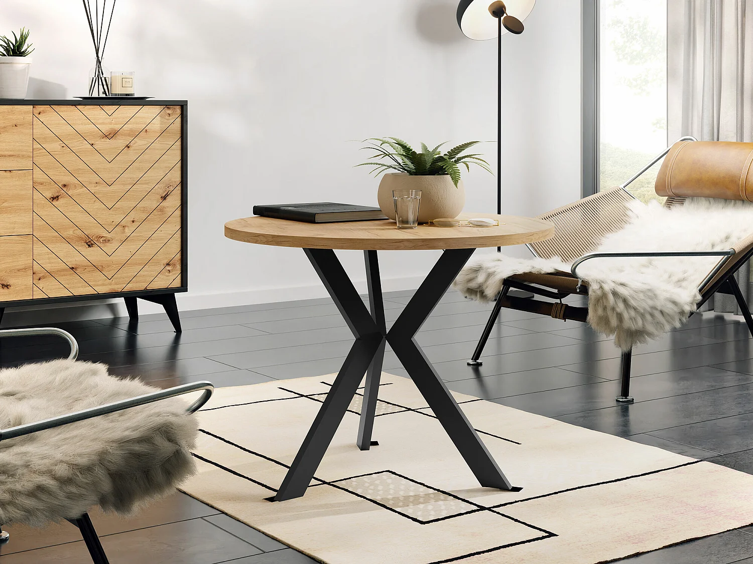 Table basse Dearborn 106, Noir|Chêne doré, 50cm, Diamètre: 67, Stratifié, Rond