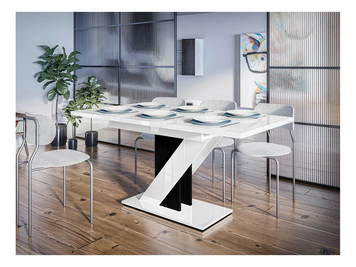 Table Goodyear 105, Blanc brillant|Noir brillant, 76x80x120cm, Allongement, Stratifié