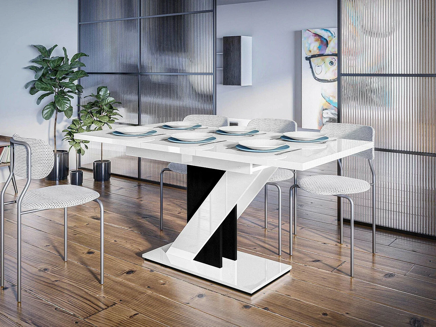 Table Goodyear 105, Noir brillant|Blanc brillant, 76x80x120cm, Allongement, Stratifié
