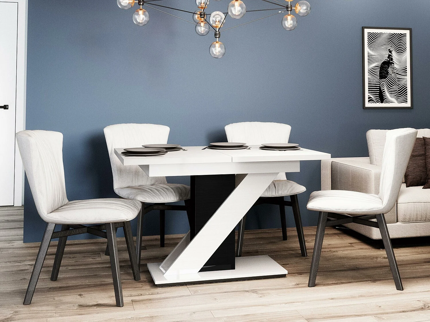 Table Goodyear 105, Noir brillant|Blanc brillant, 76x80x120cm, Allongement, Stratifié