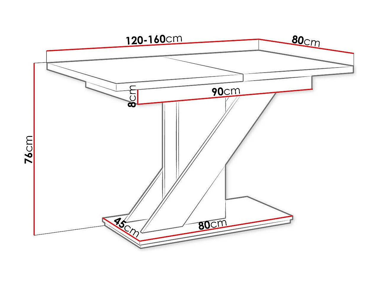 Table Goodyear 105, Noir brillant|Blanc brillant, 76x80x120cm, Allongement, Stratifié
