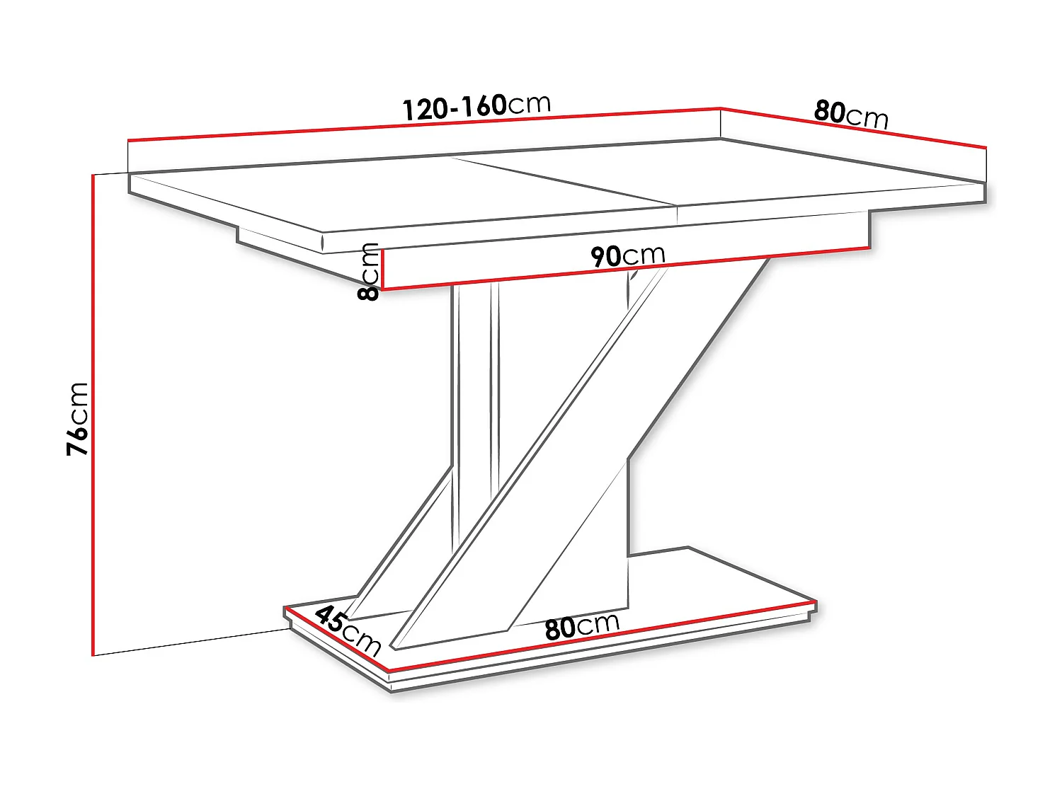 Table Goodyear 105, Noir brillant|Blanc brillant, 76x80x120cm, Allongement, Stratifié