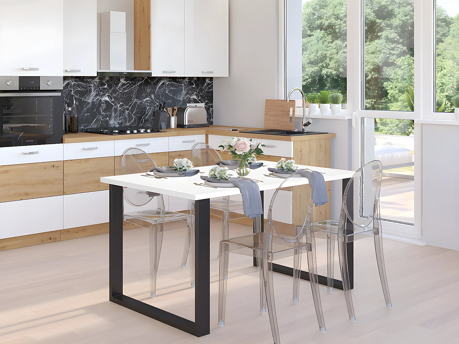 Mesa Tucson 136, Blanco|Negro, 75x67x138cm, Aglomerado laminado, Metal