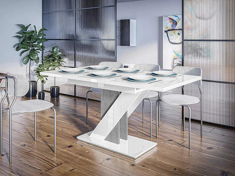 Table Goodyear 105, Blanc brillant|Béton, 76x80x120cm, Allongement, Stratifié