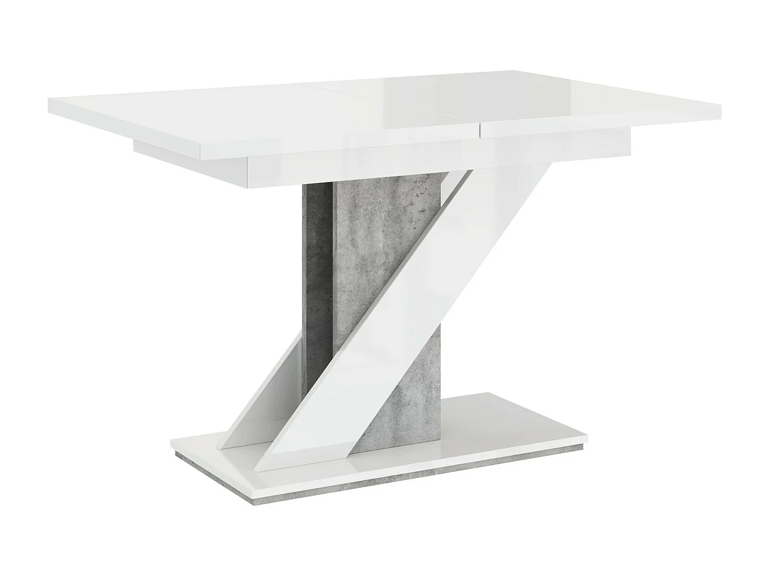 Table Goodyear 105, Blanc brillant|Béton, 76x80x120cm, Rallonge, Stratifié