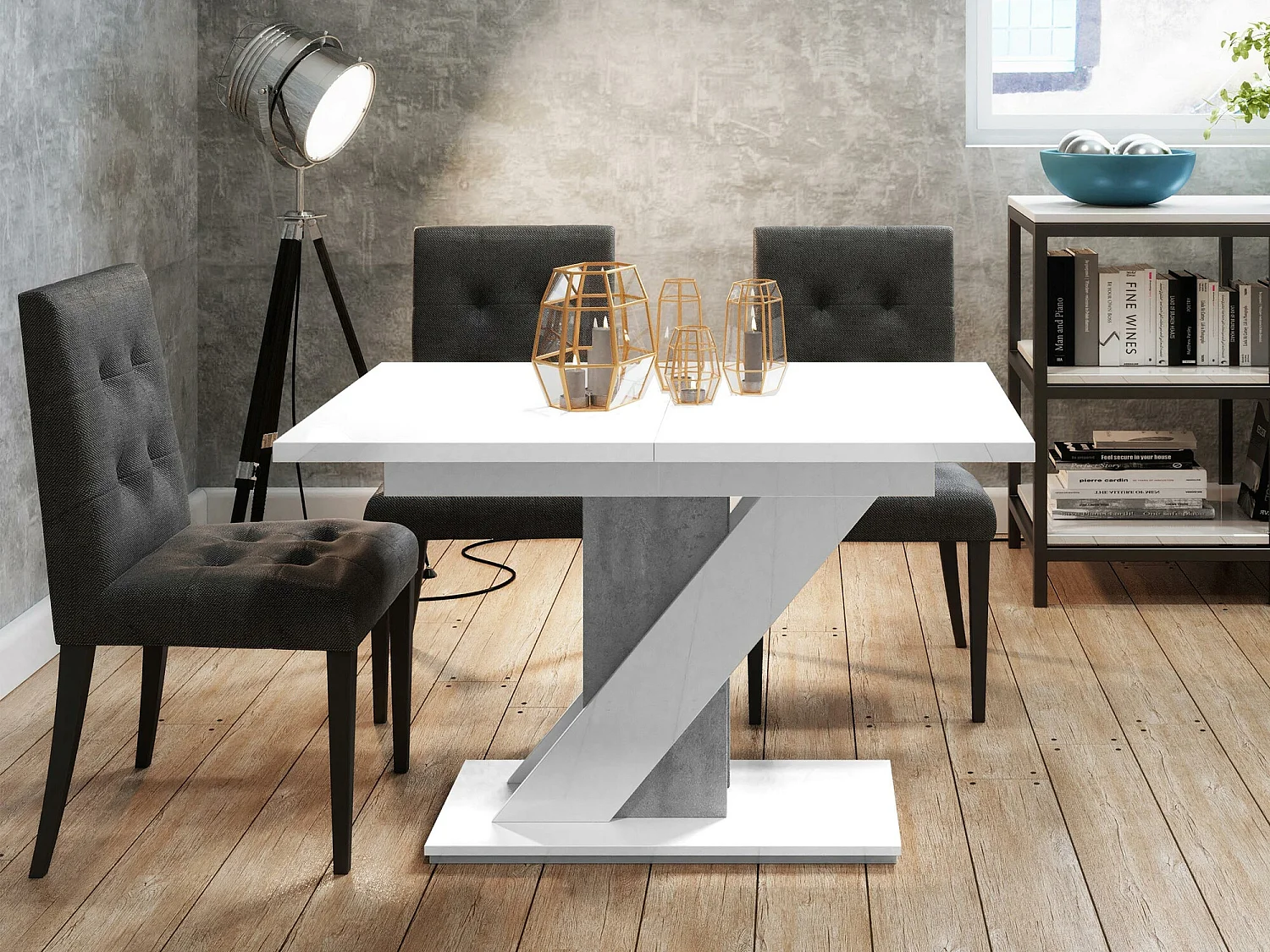 Table Goodyear 105, Blanc brillant|Béton, 76x80x120cm, Rallonge, Stratifié