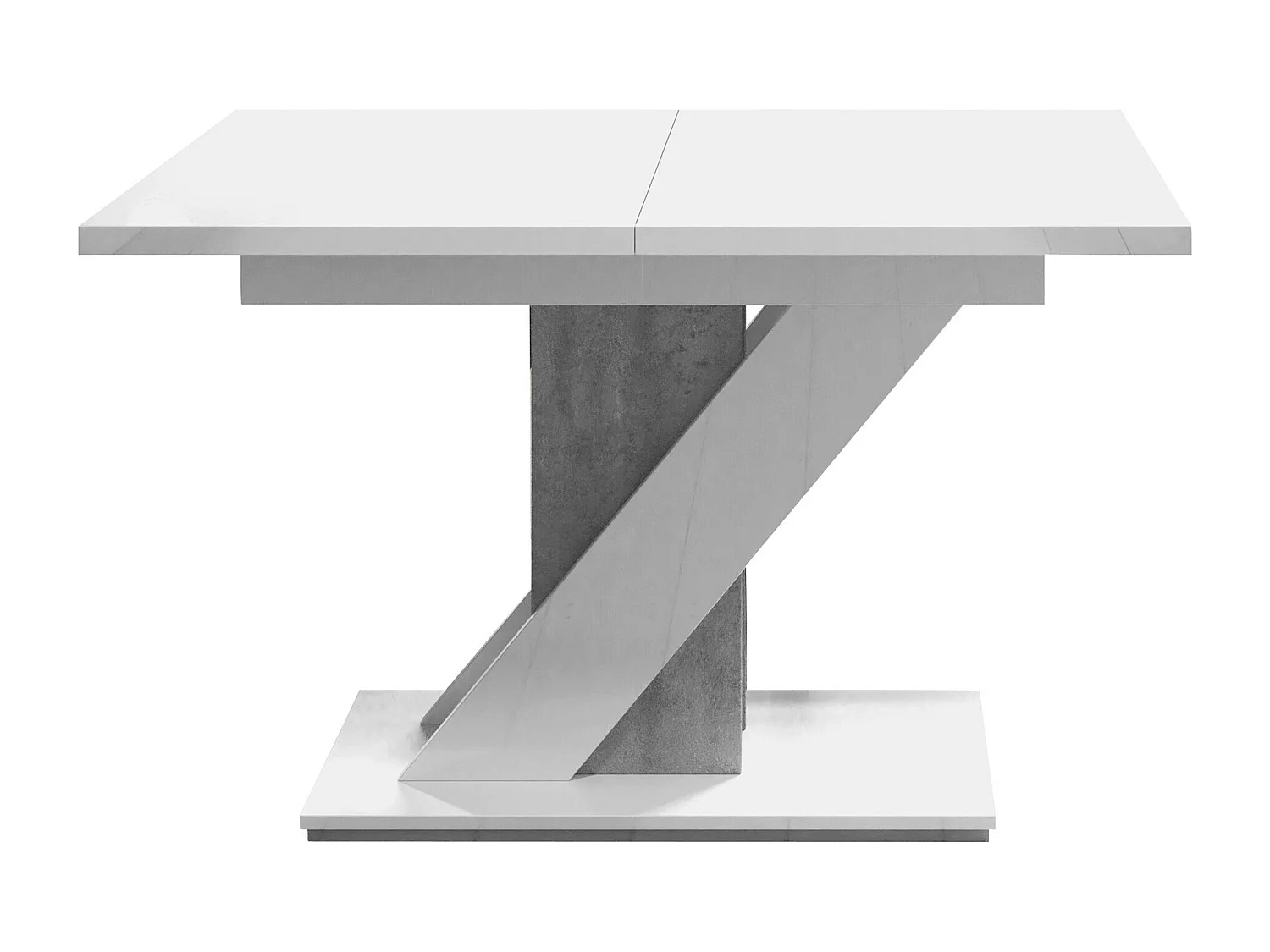 Table Goodyear 105, Blanc brillant|Béton, 76x80x120cm, Rallonge, Stratifié