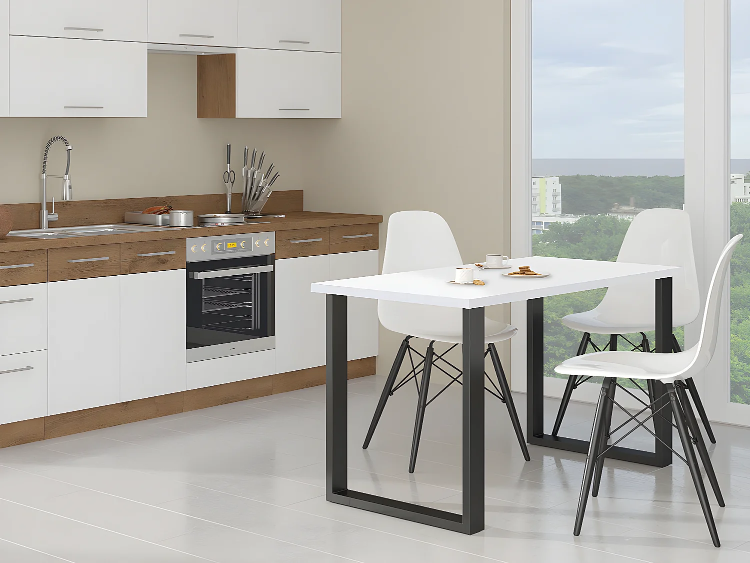 Table Tucson 138, Blanc|Noir, 75x67x185cm, Stratifié, Métal