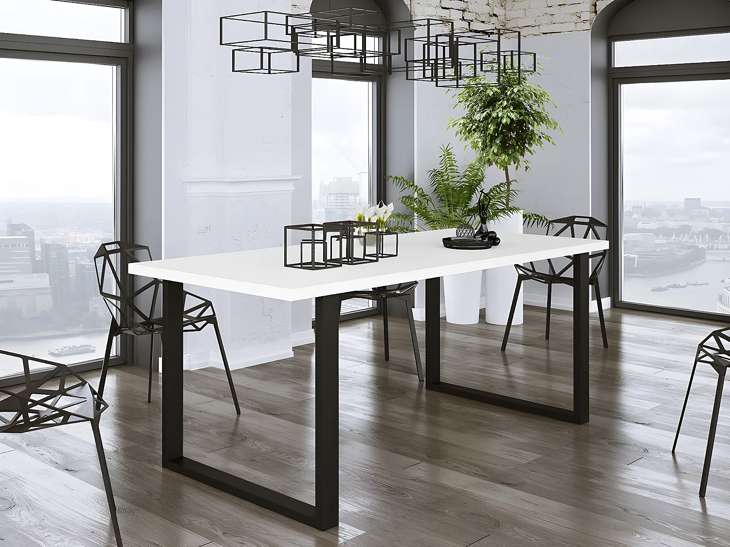 Table Tucson 138, Noir|Blanc, 75x67x185cm, Stratifié, Métal