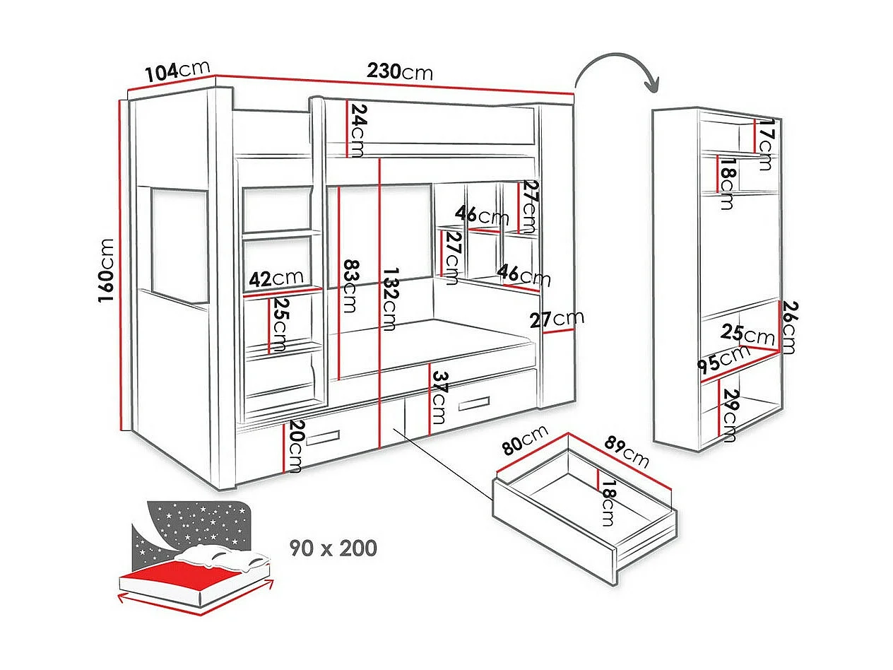 Beliche Henderson 142, De dois andares, Cinzento, Estrados de cama