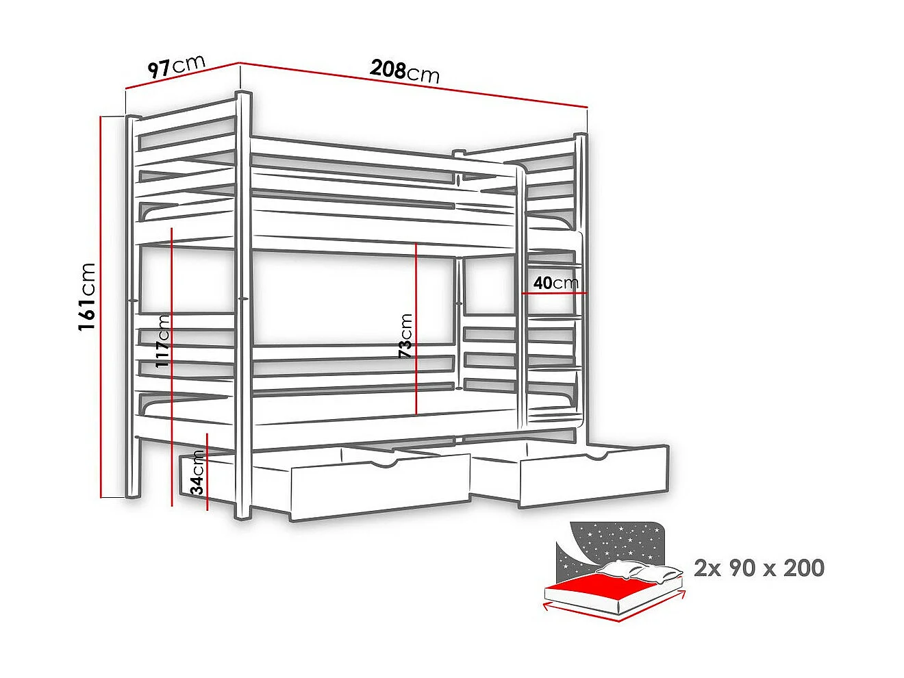 Lit superposé Vista 101, Superposés, Blanc, 90x200, Bois, Disponible, 97x208x161cm