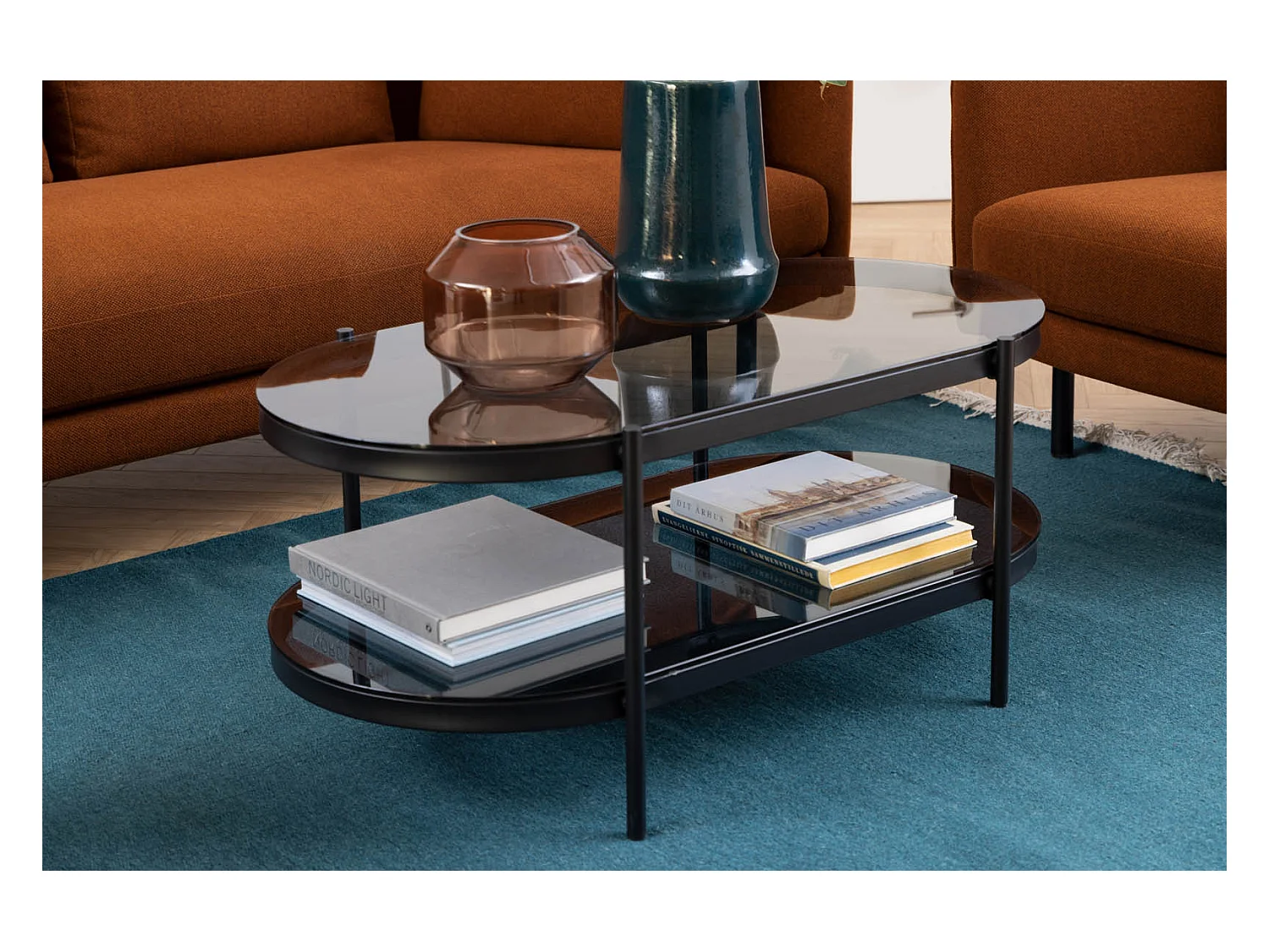 Bayolo salontafel 1 plank, glas rookkleurig.