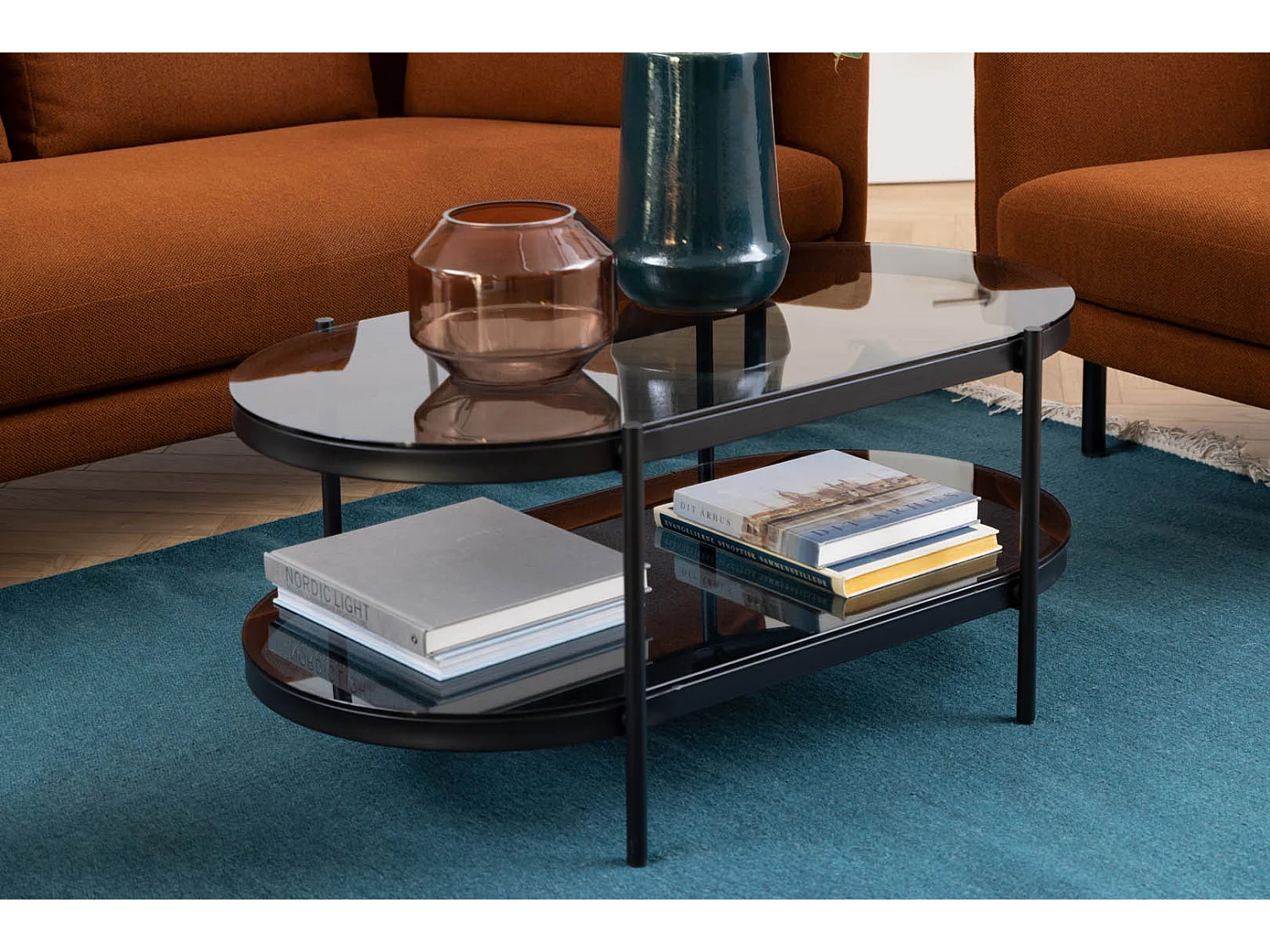 Bayolo salontafel 1 plank, glas rookkleurig.
