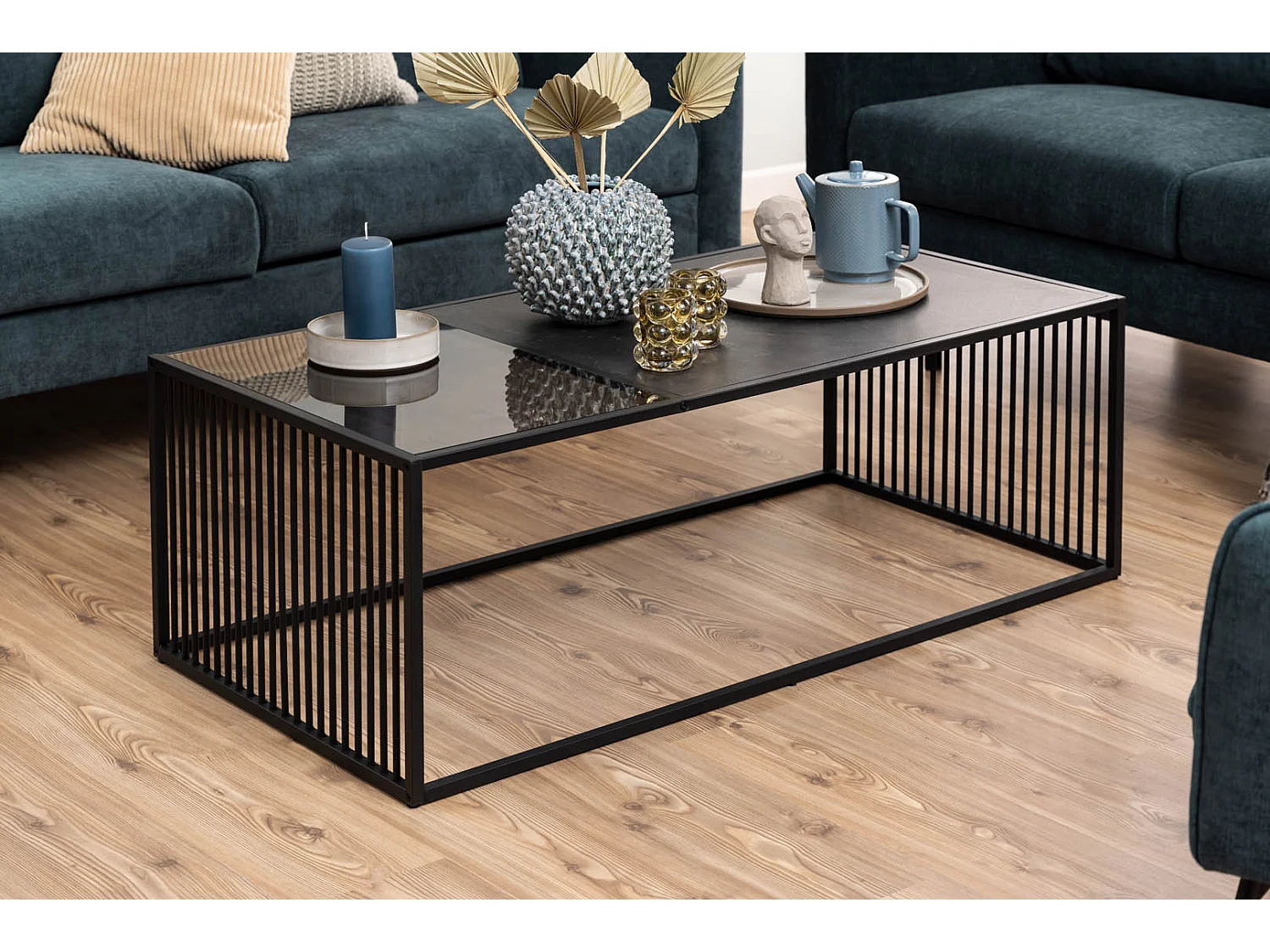 Strington Couchtisch 120x60 cm Glas, rauchfarbenen, schwarz Marmor dekor.