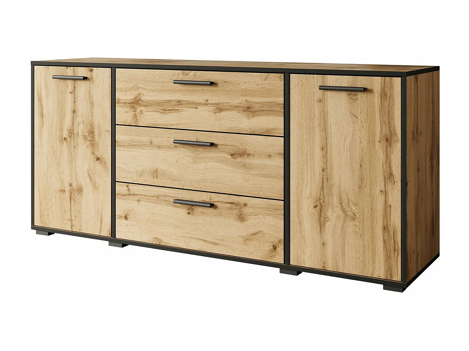 Cómoda Sarasota 174, Negro|Roble wotan, Con cajones y puertas, 68x150x40cm