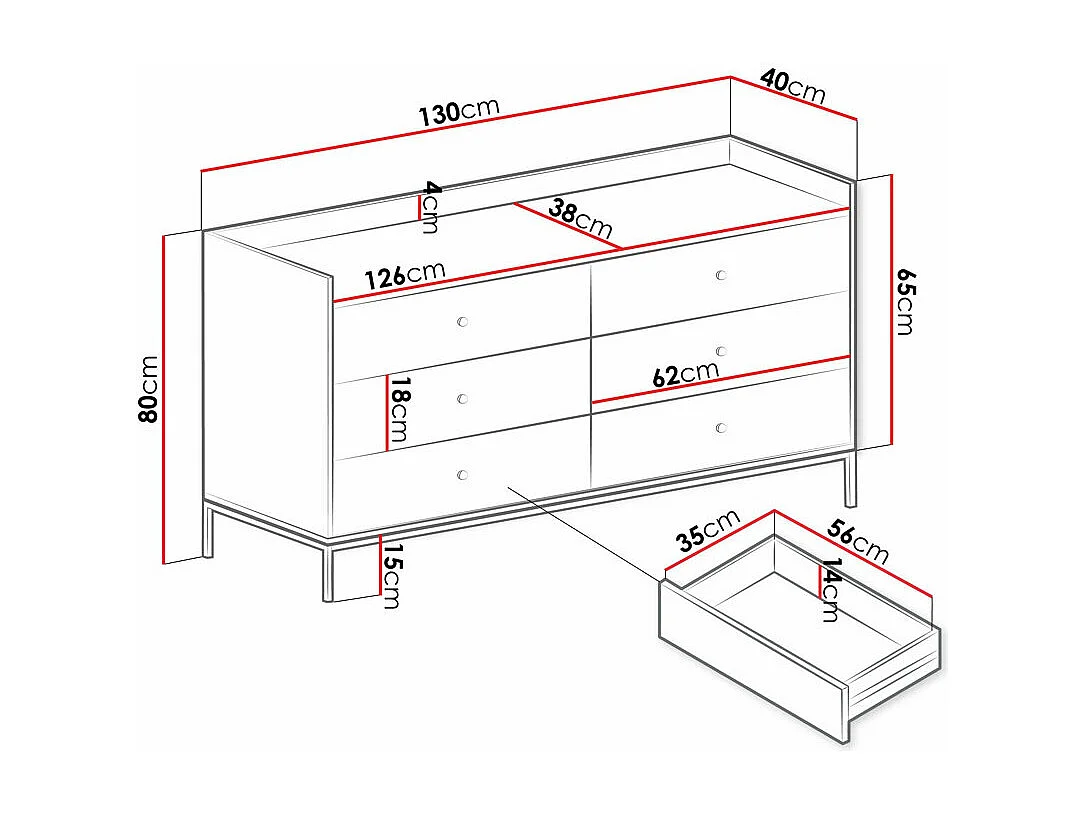 Commode Comfivo Etmore 101, Noir, Avec tiroirs, 80x130x40cm
