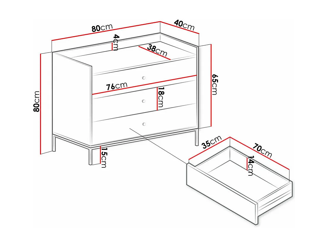 Commode Comfivo Etmore 100, Noir, Avec tiroirs, 80x80x40cm