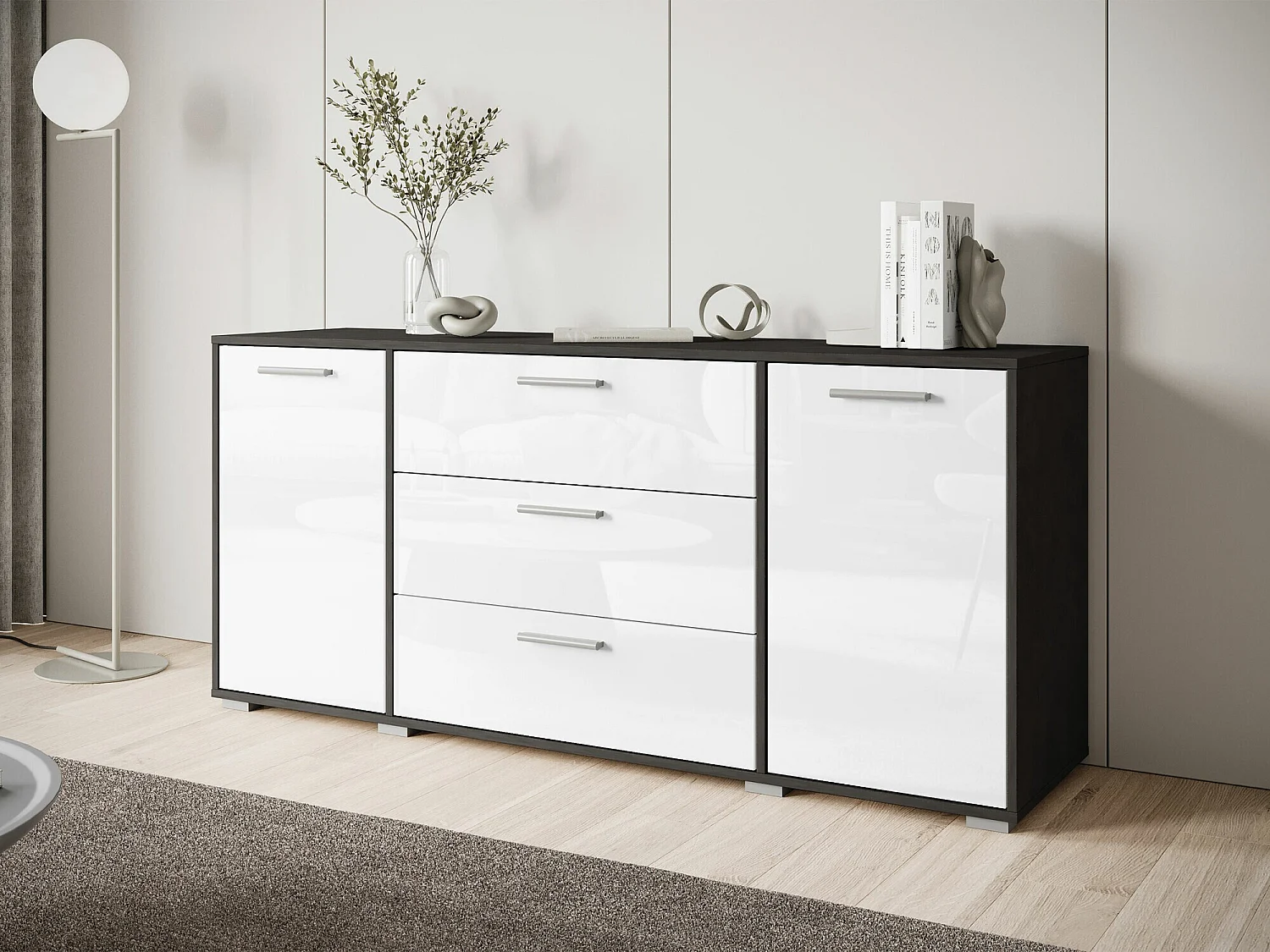 Commode Sarasota 174, Matera gris|Blanc brillant, Avec tiroirs et portes, 68x150x40cm