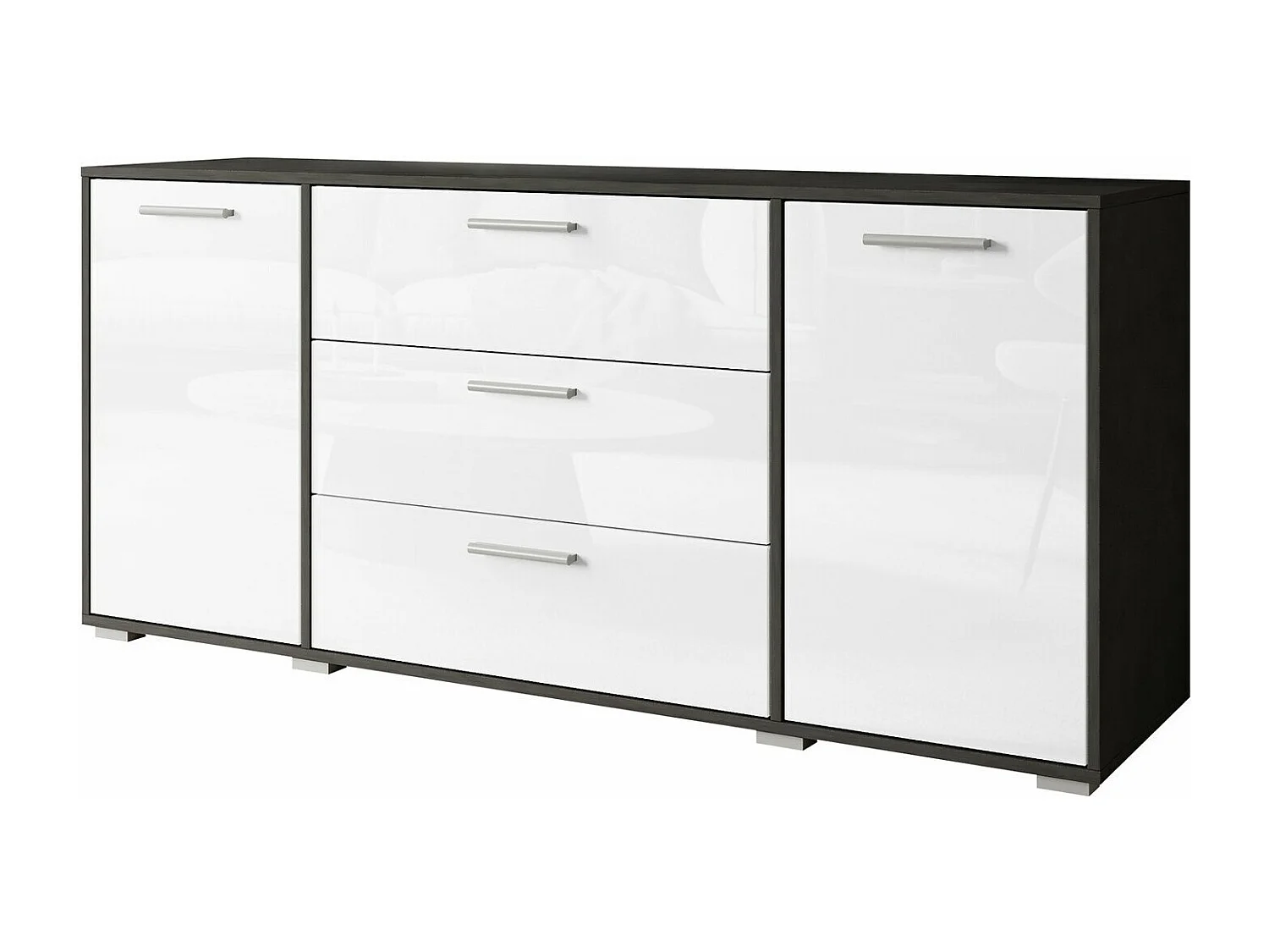 Commode Sarasota 174, Matera gris|Blanc brillant, Avec tiroirs et portes, 68x150x40cm