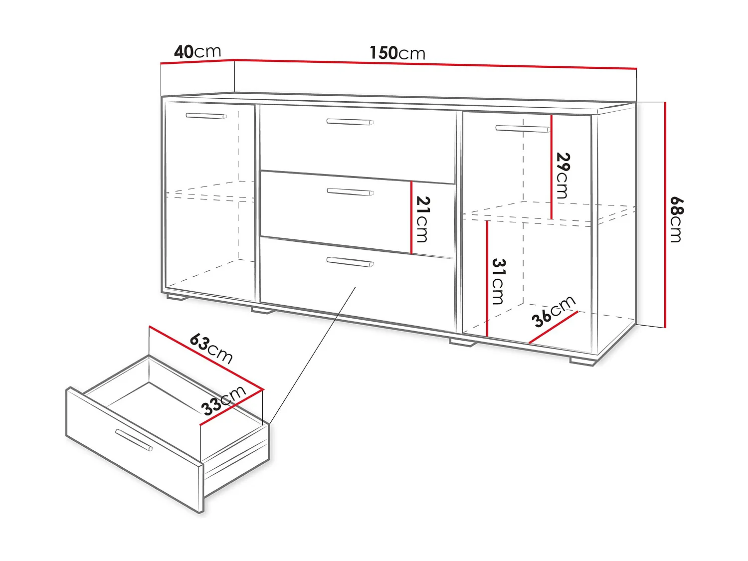 Commode Sarasota 174, Matera gris|Blanc brillant, Avec tiroirs et portes, 68x150x40cm