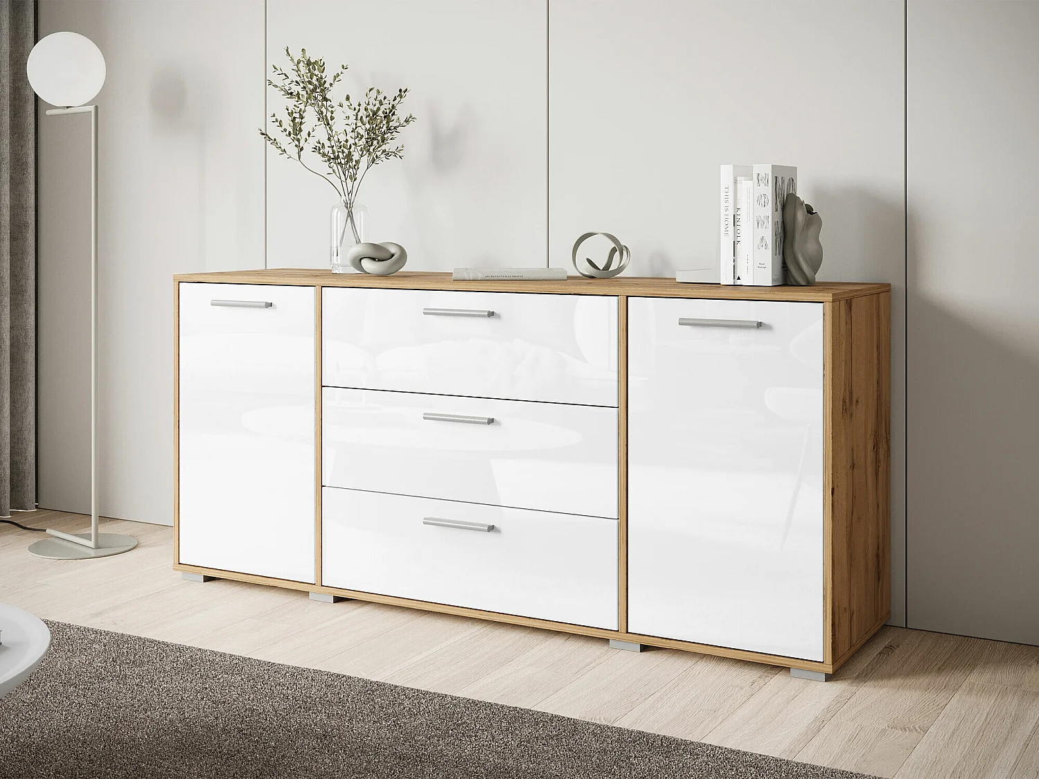 Cómoda Sarasota 174, Roble wotan|Blanco brillante, Con cajones y puertas, 68x150x40cm