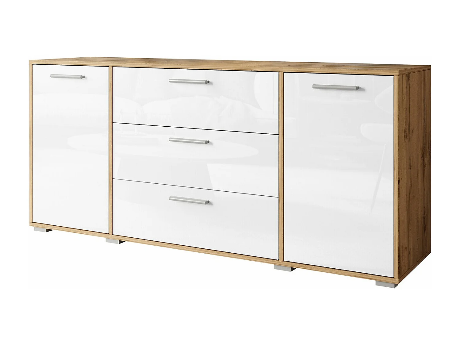 Cómoda Sarasota 174, Roble wotan|Blanco brillante, Con cajones y puertas, 68x150x40cm