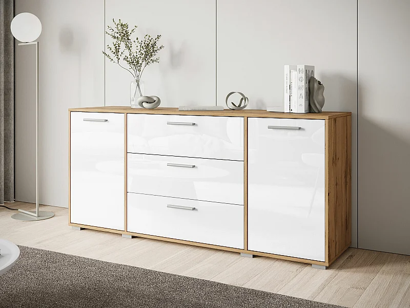Commode Sarasota 174, Chêne wotan|Blanc brillant, Tiroirs et portes, 68x150x40cm