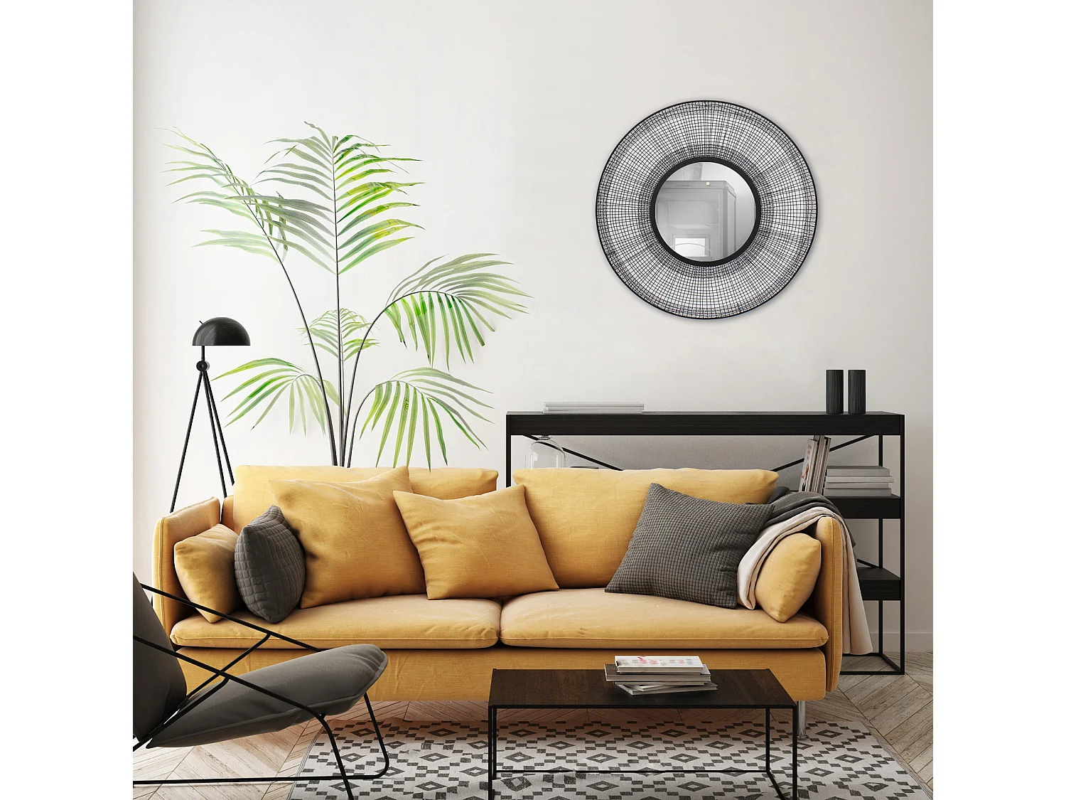 Miroir rond contour filaire noir 90cm