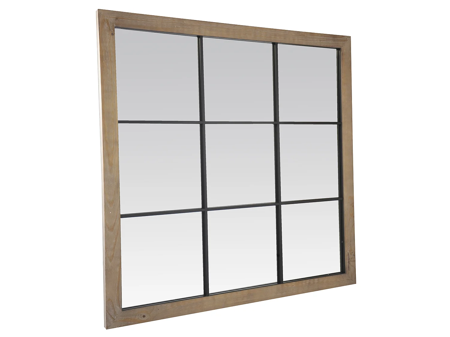 Miroir industriel carré bois effet fenêtre 9 vues 100x100cm Marron