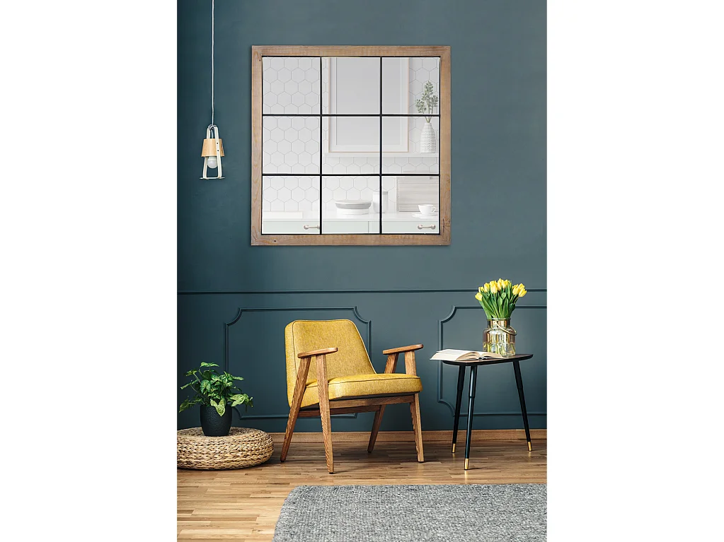 Miroir industriel carré bois effet fenêtre 9 vues 100x100cm Marron
