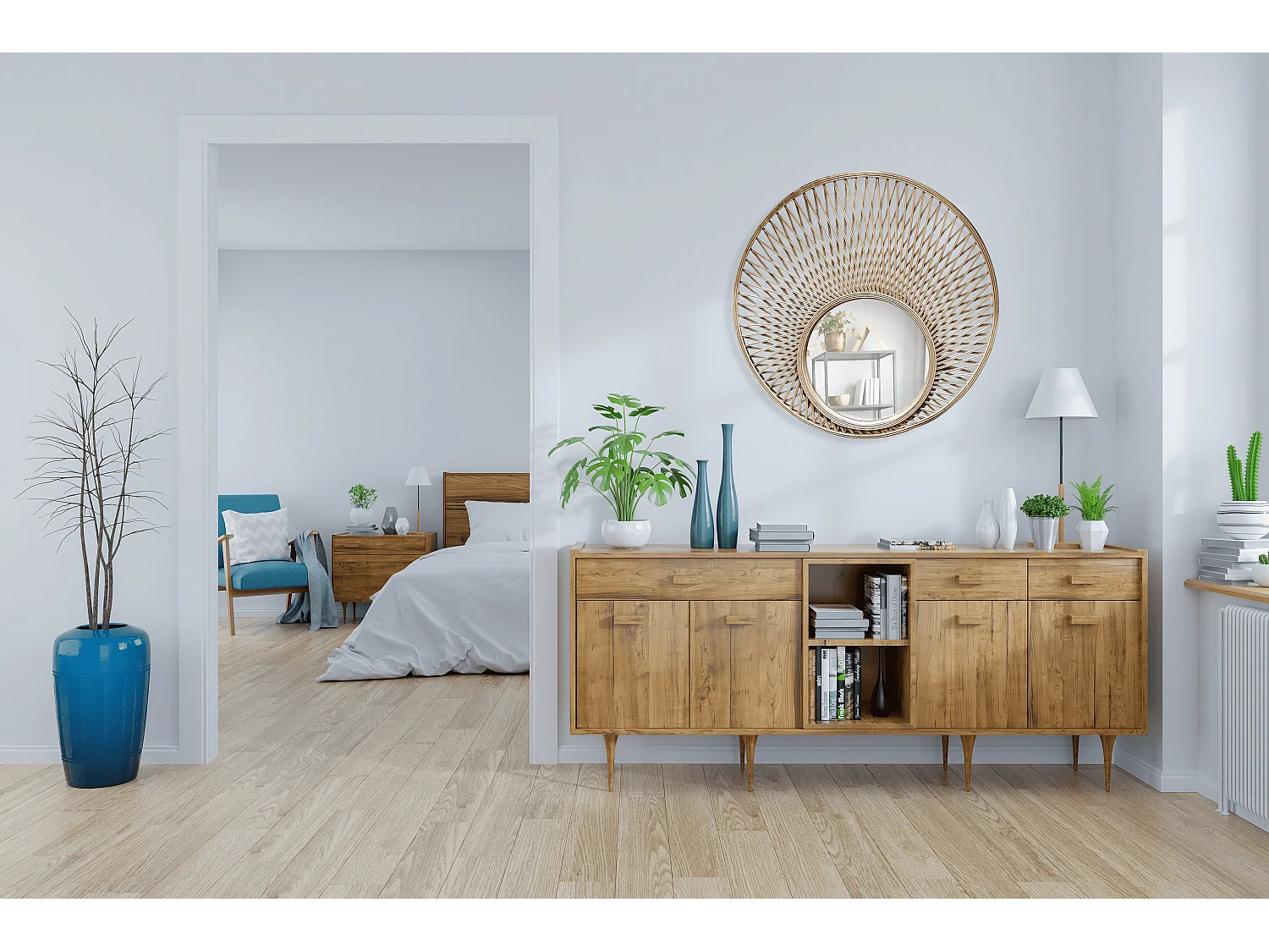 Miroir rond décalé en bambou 80cm