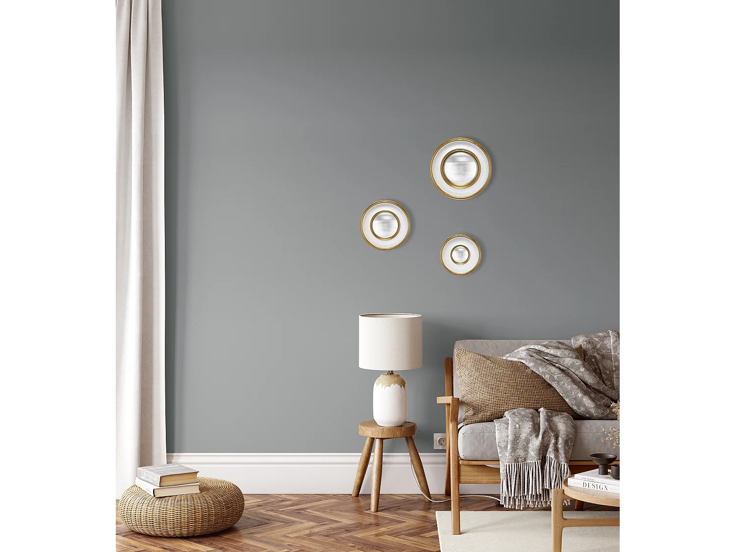 Lot de 3 miroirs convexes dorés 16, 19 et 23cm