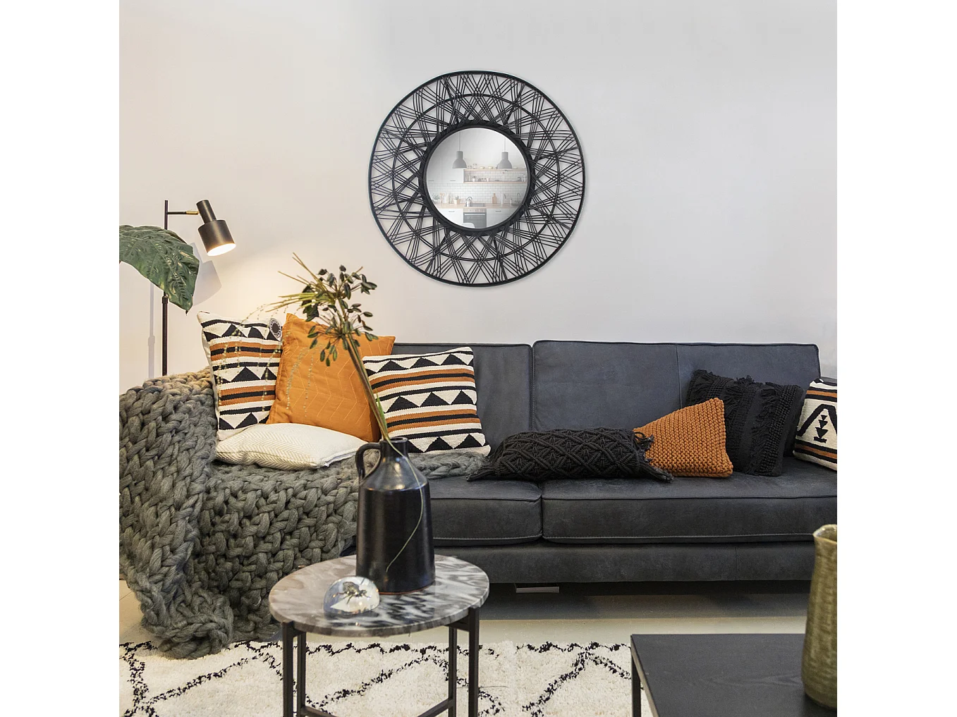 Miroir rond en rotin noir 80cm