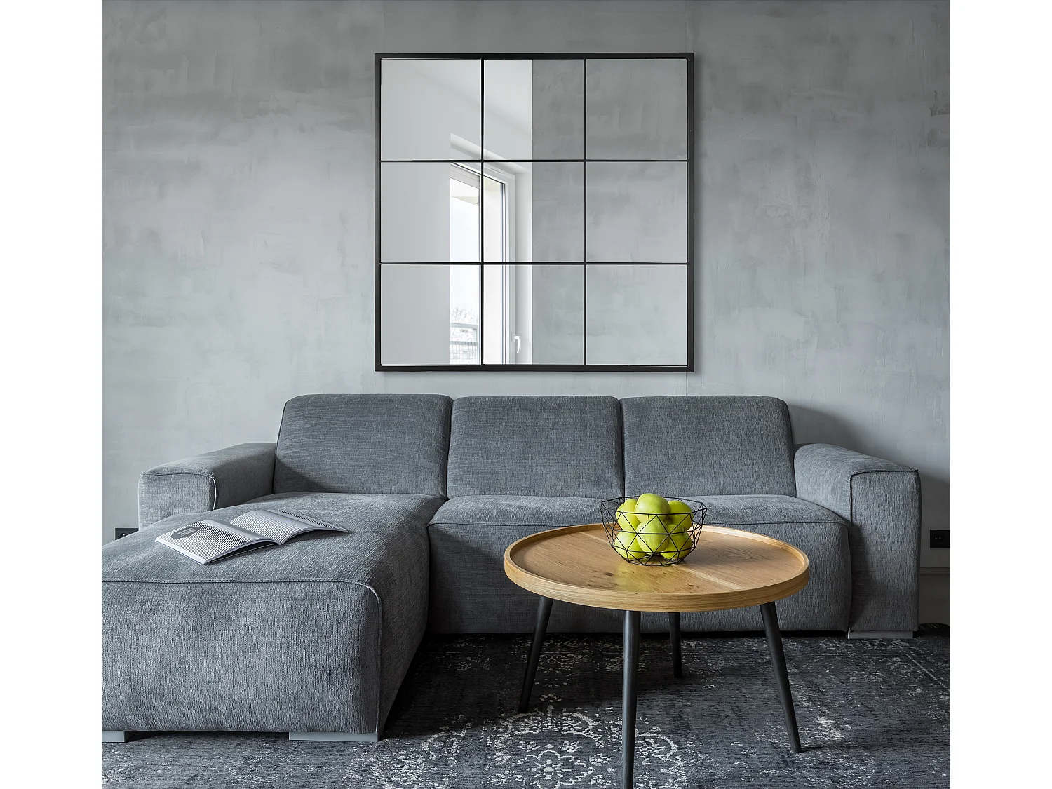 Miroir industriel fenêtre 9 vues métal noir 120x120cm