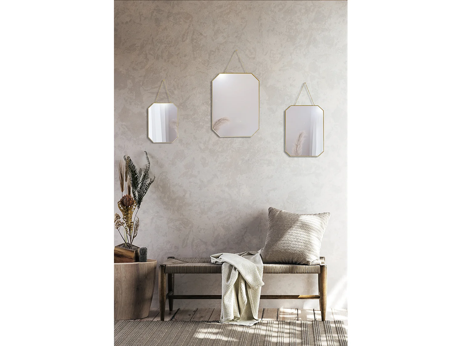 Lot de 3 miroirs avec chaînette en métal doré