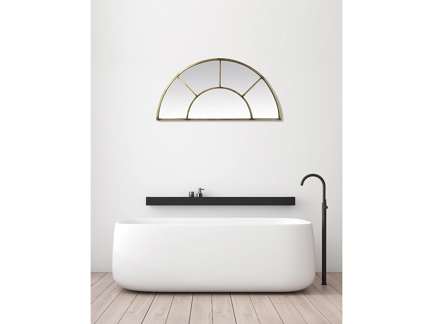 Miroir demi lune effet fenêtre métal doré 92x46cm