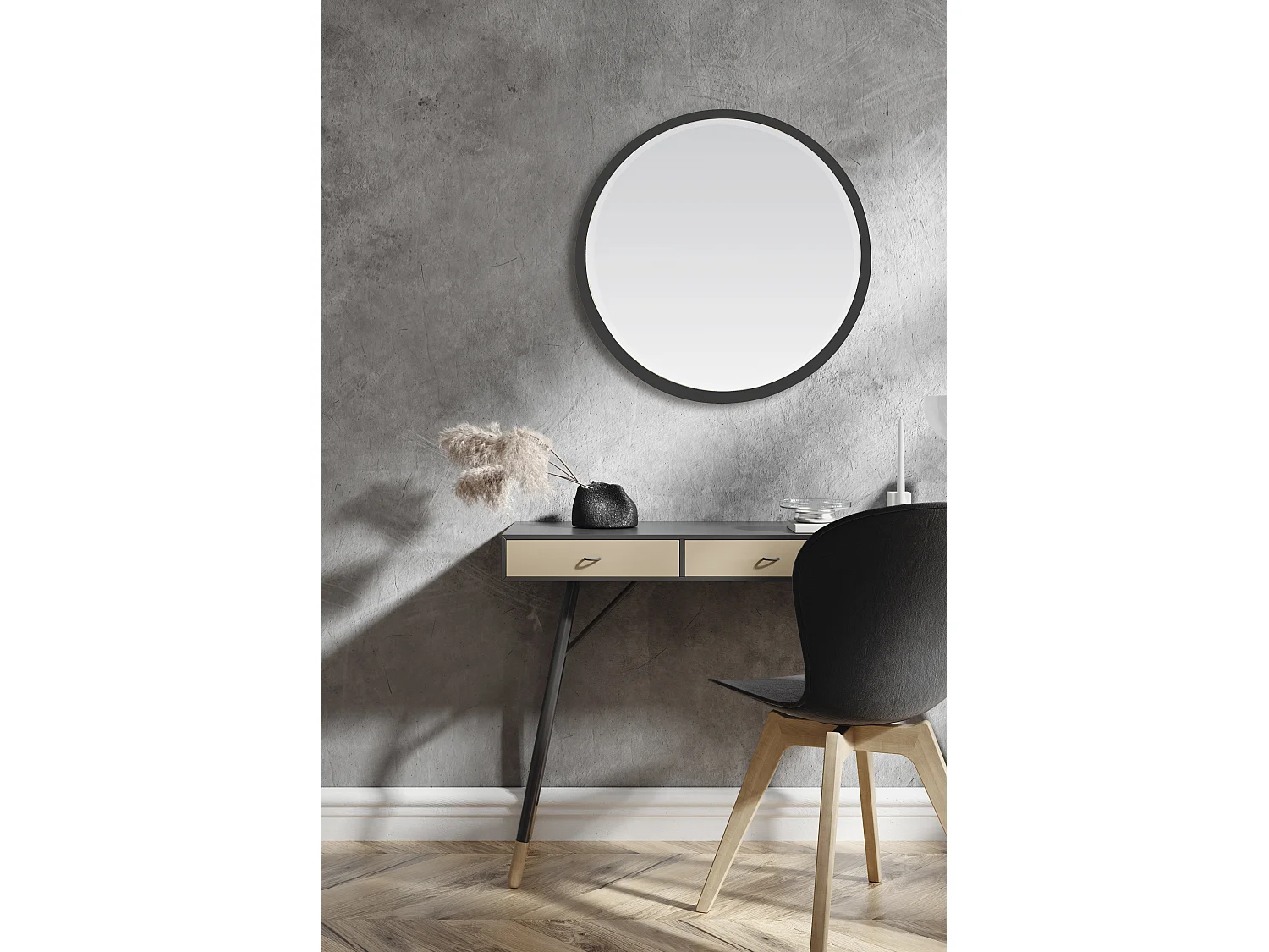 Miroir biseauté rond à bords larges noir 54x54x4cm