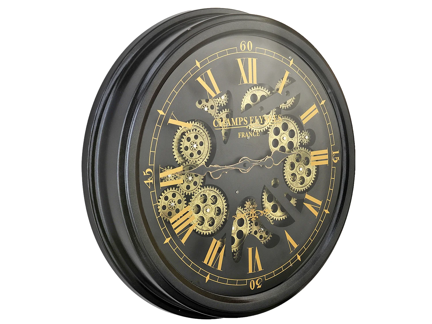 Horloge ronde noire et dorée mécanisme apparent 52x9x52cm