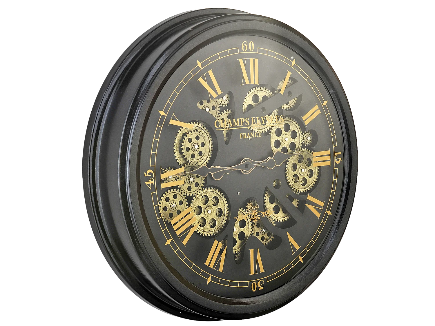 Horloge ronde noire et dorée mécanisme apparent 52x9x52cm