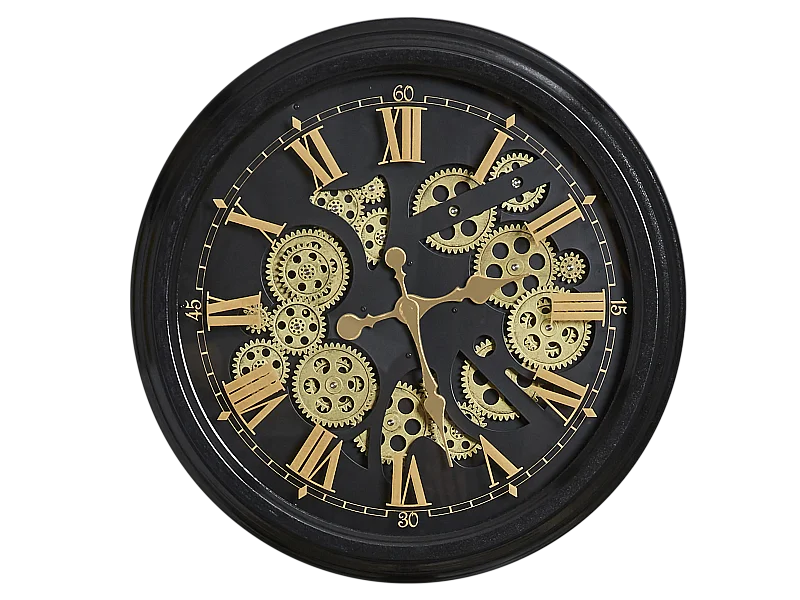 Horloge ronde noire et dorée mécanisme apparent 52x9x52cm