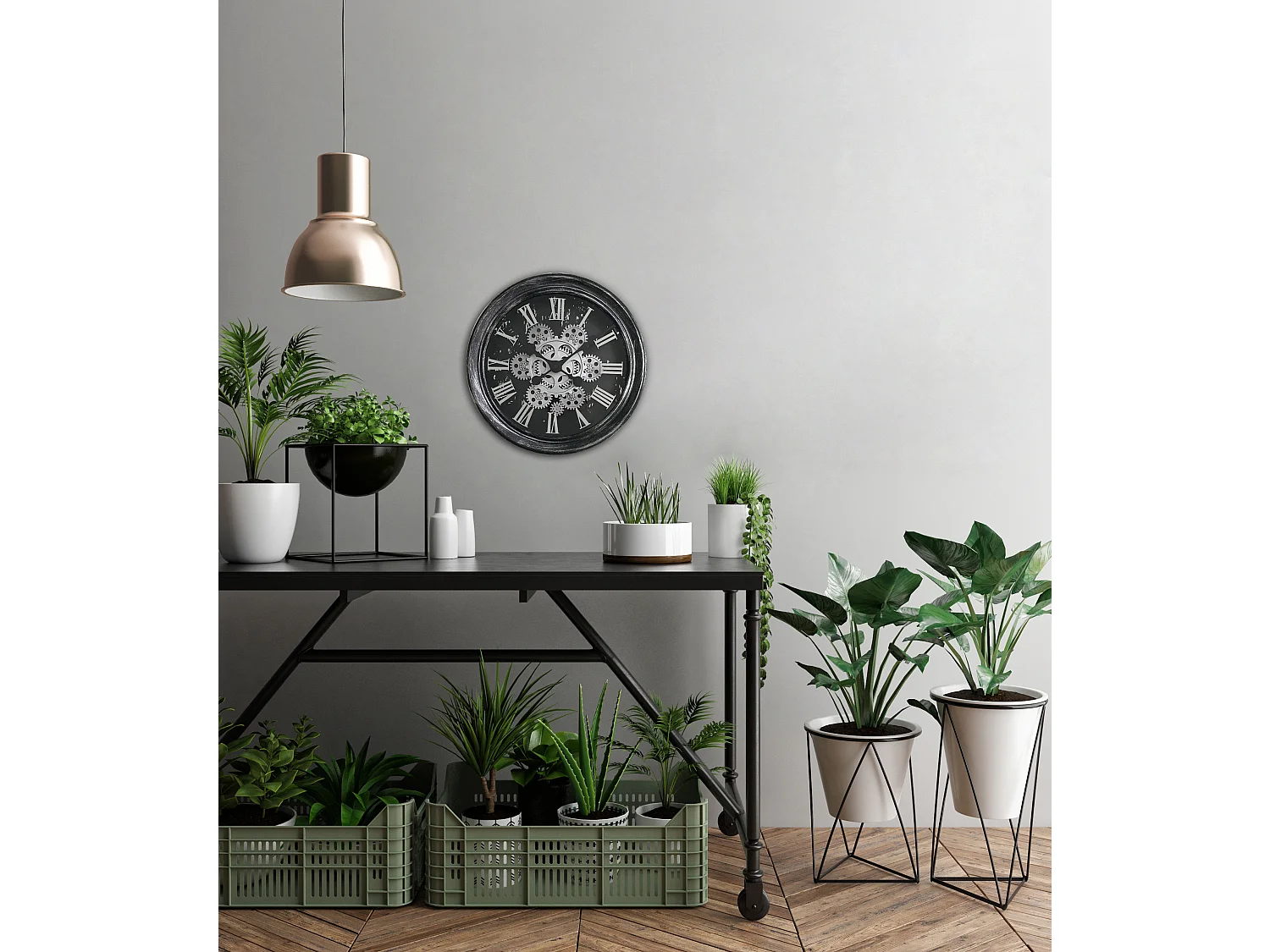 Horloge ronde noire et argentée mécanisme apparent 34x9x34cm