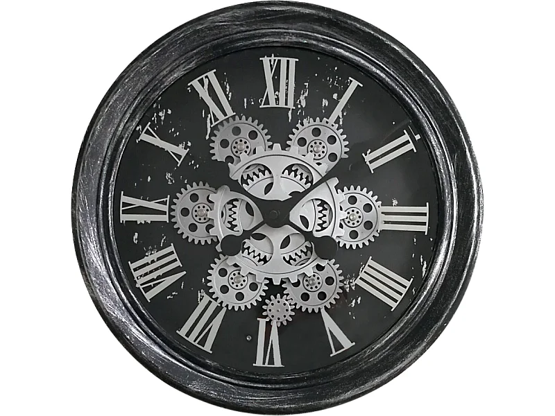 Horloge ronde noire et argentée mécanisme apparent 34x9x34cm