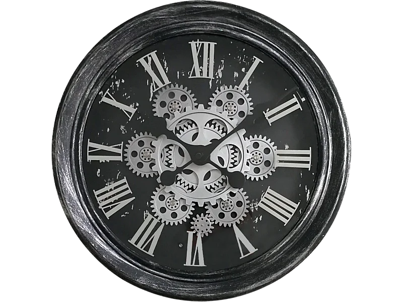 Horloge ronde noire et argentée mécanisme apparent 34x9x34cm