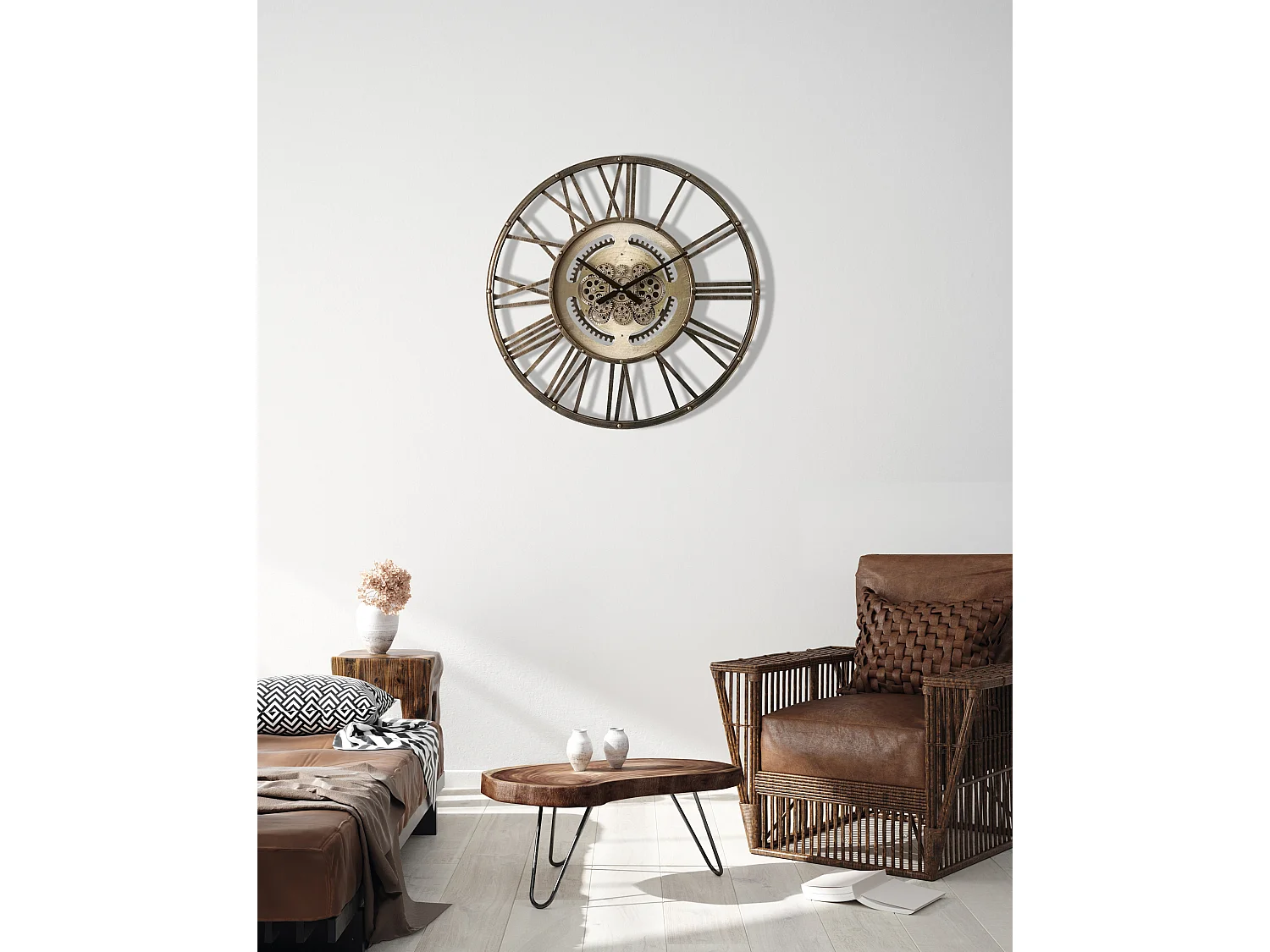 Horloge à mécanismes ajourée métal cuivre 70cm