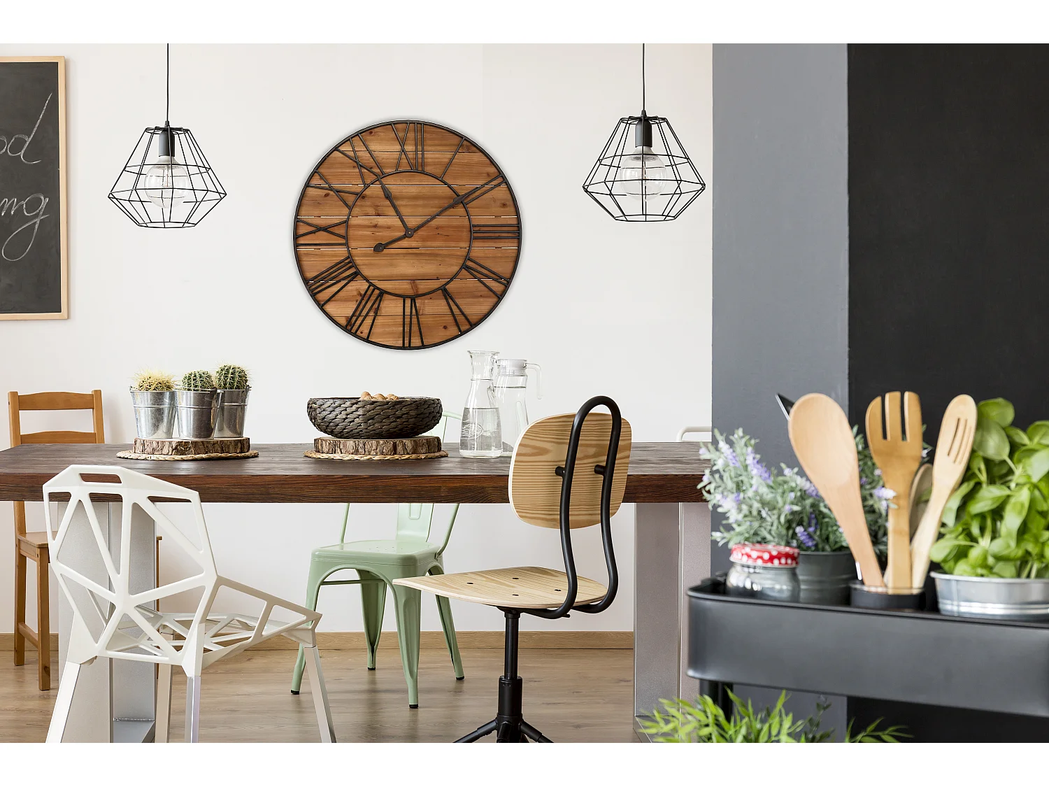 Horloge ronde métal et bois 90cm